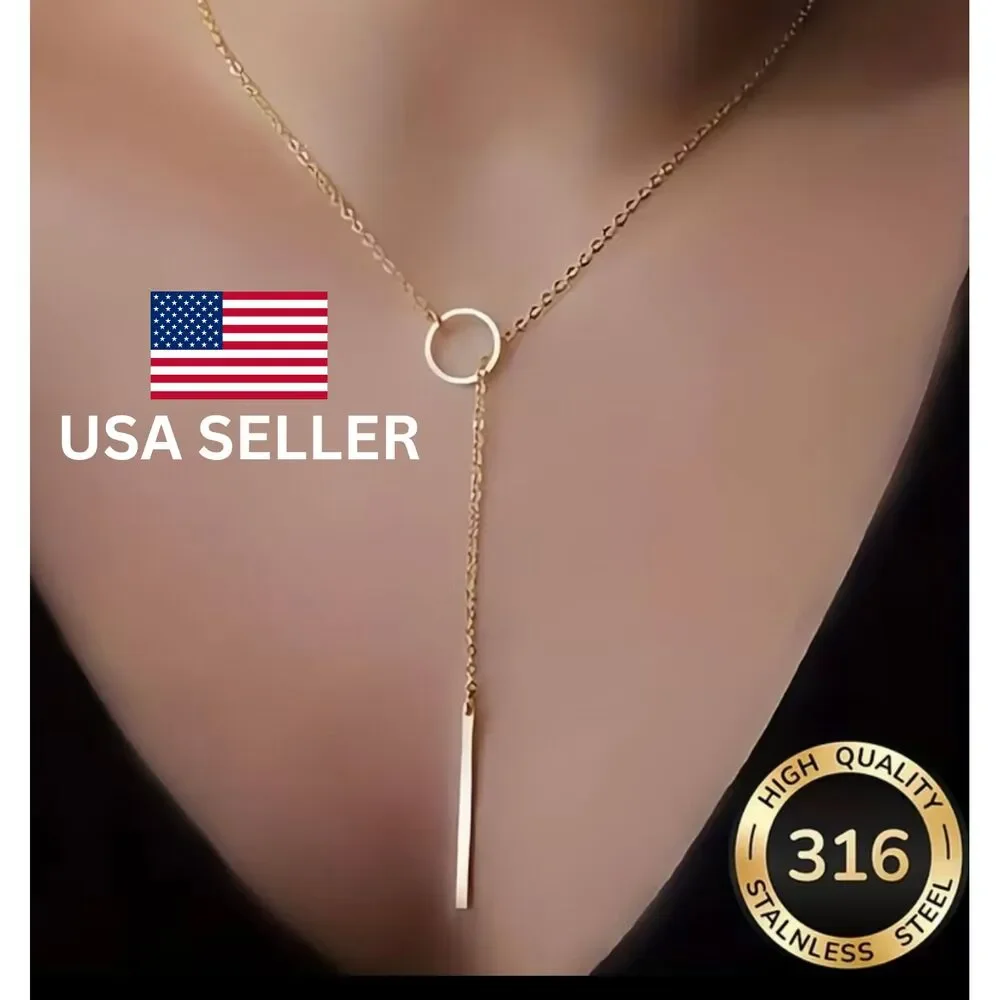 Dainty Bar and Loop Pendant Necklace Stainless Steel Gold-toned